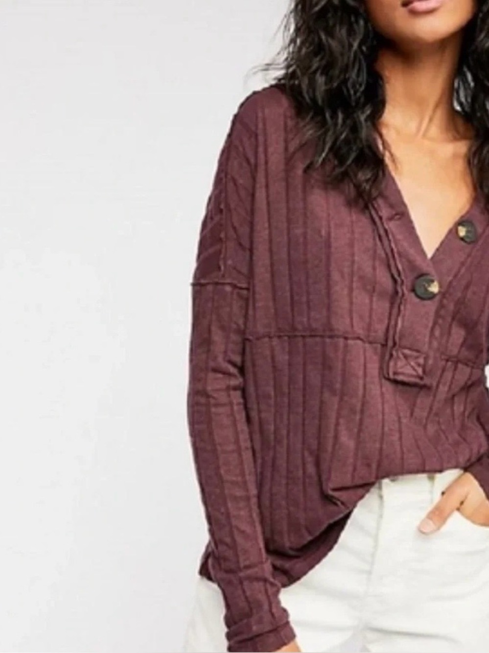 We The Free People Purple Ribbed Henley Long Sleeve Top Small Exposed Seams